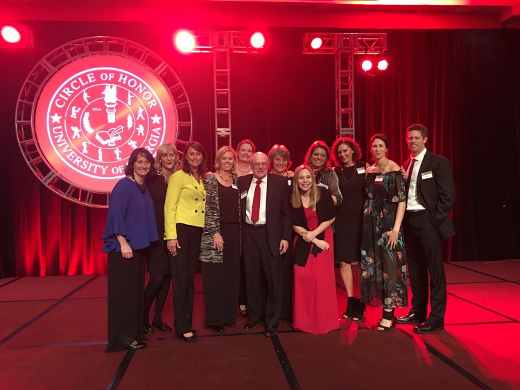 This photo represents over 30 years of Georgia volleyball from the inaugural coach of the program, Sid Feldman to the current head coach, Tom Black. My very own assistant was honored for her achievement as a bulldog player, coach and her life beyond Georgia.